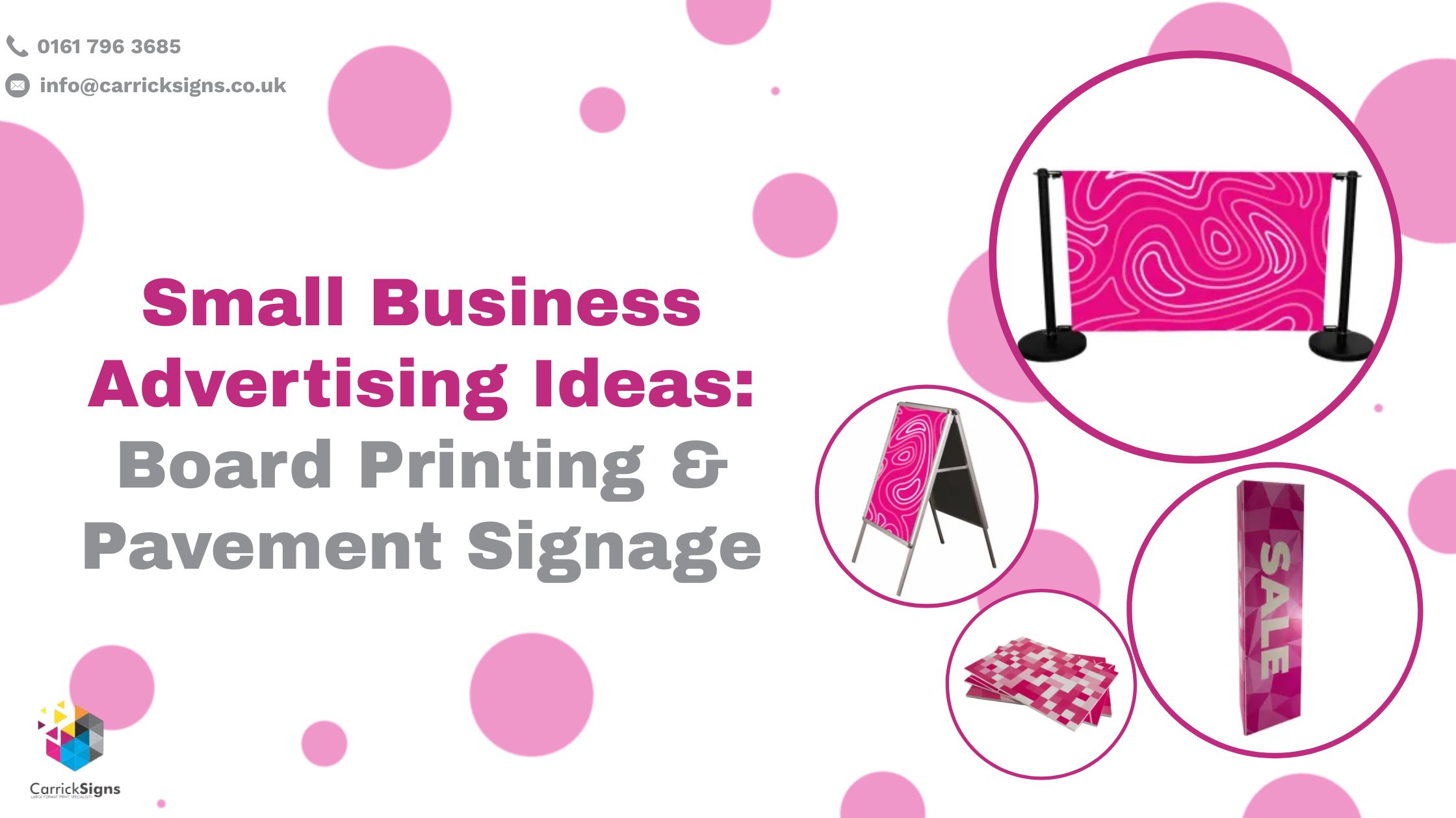 Small Business Advertising Ideas: Board Printing & Pavement Signage, showing different types of printed signage including A-boards and banners.