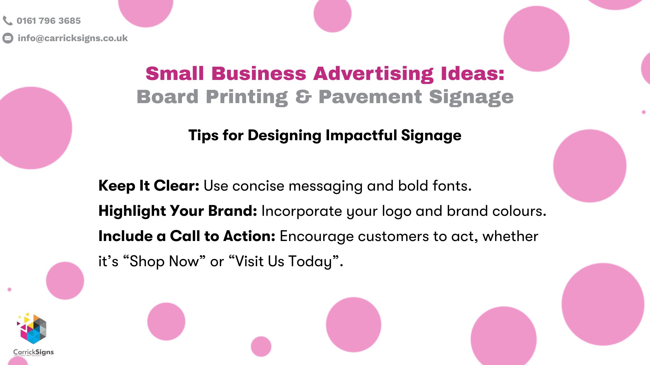 Tips for Designing Impactful Signage, featuring key design tips such as clarity, branding, and call to action.