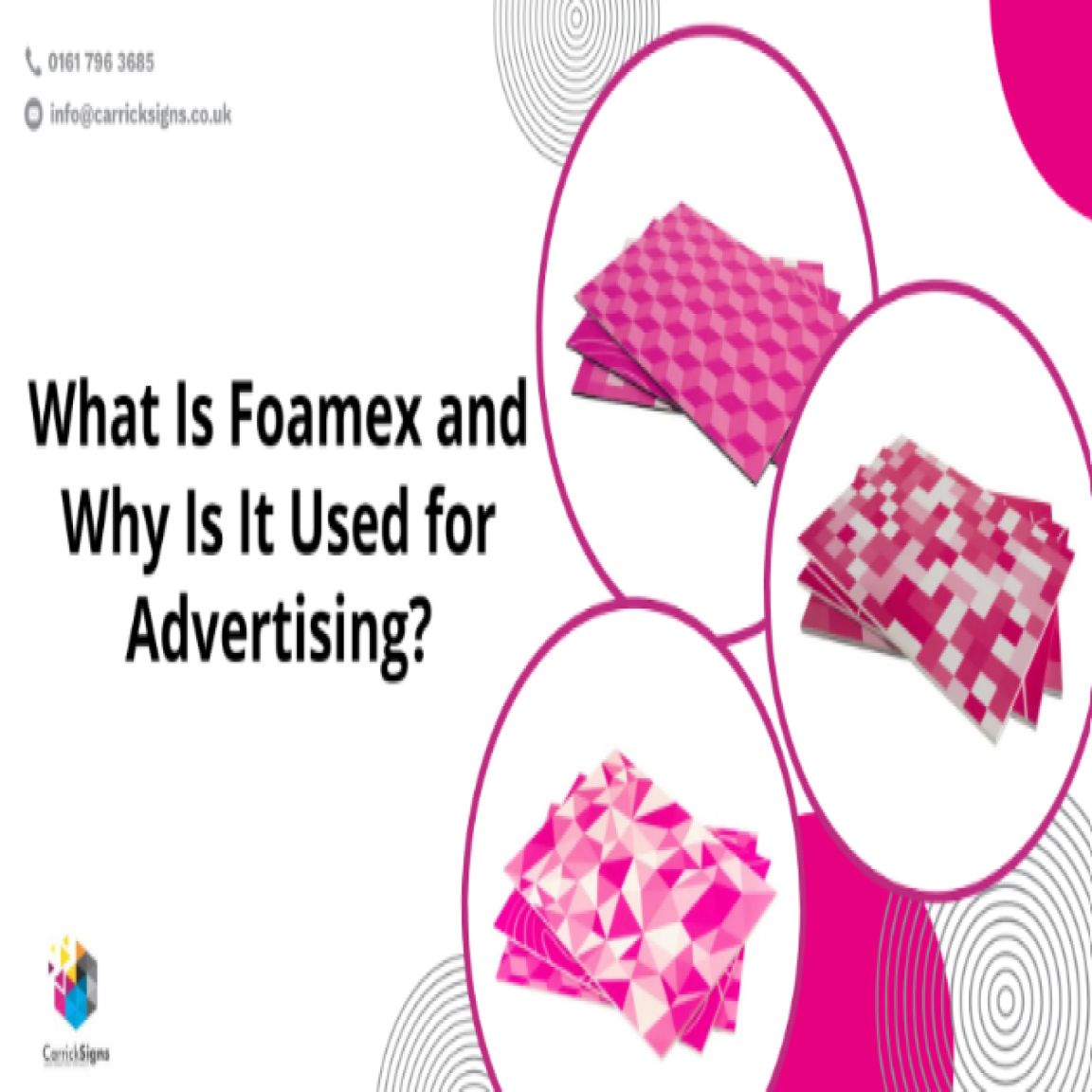 The phrase "What Is Foamex and Why Is It Used for Advertising?" surrounded by images of foamex boards enclosed within circles