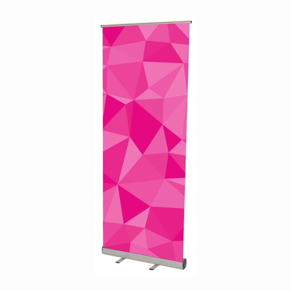 A detailed close-up of a roller banner showing the printed graphic panel and retractable base, highlighting the smooth finish and sturdy stand design.